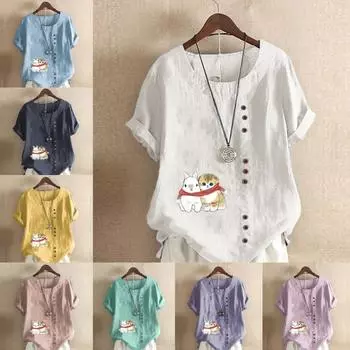 Женская мода, футболка с круглым вырезом и короткими рукавами с принтом кошек и кроликов, повседневная хлопково-льняная рубашка с рисунком, свободная летняя блузка для отдыха, топы S розовый