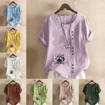 Женская мода, футболка с круглым вырезом и коротким рукавом с принтом «черный кот», повседневная хлопково-льняная рубашка с рисунком, свободная летняя блузка для отдыха, топы больших размеров S розовый