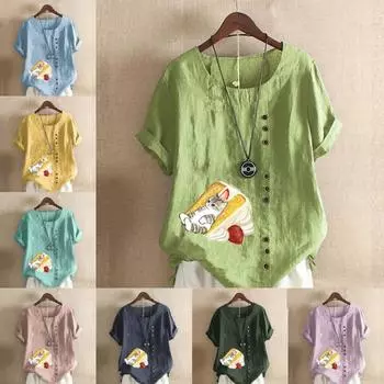 Женская мода, футболка с круглым вырезом и короткими рукавами с милым котом, повседневная рубашка из хлопка и льна с рисунком, свободная летняя блузка для отдыха, топы больших размеров S розовый