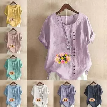 Женская мода Футболка с круглым вырезом и коротким рукавом с принтом «Букет цветов» Повседневная хлопково-льняная рубашка с рисунком Свободная летняя блузка для отдыха Топы S розовый