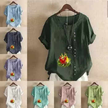 Женская мода Футболка с круглым вырезом и коротким рукавом с принтом «Букет цветов» Повседневная хлопково-льняная рубашка с рисунком Свободная летняя блузка для отдыха Топы S розовый