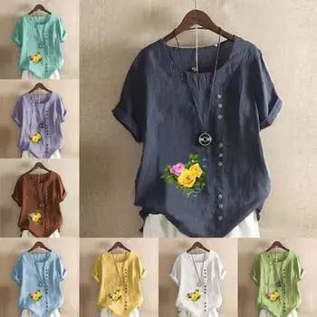 Женская мода Футболка с круглым вырезом и коротким рукавом с принтом «Букет цветов» Повседневная хлопково-льняная рубашка с рисунком Свободная летняя блузка для отдыха Топы S розовый