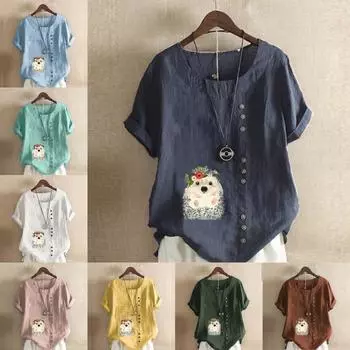 Женская мода, футболка с круглым вырезом и коротким рукавом с милым принтом в виде ежика, повседневная хлопково-льняная рубашка с рисунком, свободная летняя блузка для отдыха, топы S розовый