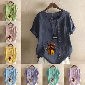 Женская мода, футболка с круглым вырезом и коротким рукавом с принтом «Дом с привидениями», повседневная хлопково-льняная рубашка с рисунком, свободная летняя блузка для отдыха, топы S розовый