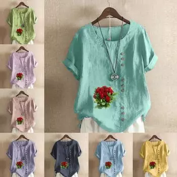 Женская мода Футболка с круглым вырезом и коротким рукавом с принтом «Букет цветов» Повседневная хлопково-льняная рубашка с рисунком Свободная летняя блузка для отдыха Топы S розовый
