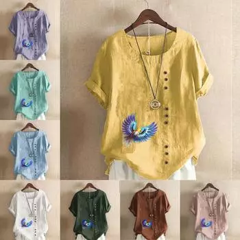 Женская мода, футболка с круглым вырезом и коротким рукавом с принтом «Синяя птица», повседневная хлопково-льняная рубашка с рисунком, свободная летняя блузка для отдыха, топы S розовый