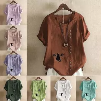 Женская мода, футболка с круглым вырезом и коротким рукавом с принтом «черный кот», повседневная хлопково-льняная рубашка с рисунком, свободная летняя блузка для отдыха, топы больших размеров S розовый