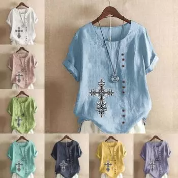 Женская мода, футболка с круглым вырезом и короткими рукавами, повседневная хлопково-льняная рубашка с рисунком, свободная летняя блузка для отдыха, топы больших размеров S розовый