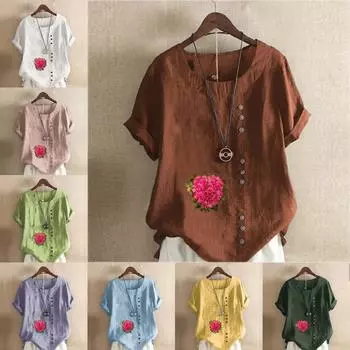 Женская мода Футболка с круглым вырезом и коротким рукавом с принтом «Букет цветов» Повседневная хлопково-льняная рубашка с рисунком Свободная летняя блузка для отдыха Топы S розовый