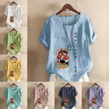 Женская мода, футболка с круглым вырезом и коротким рукавом с милым рисунком, повседневная хлопково-льняная рубашка с рисунком, свободная летняя блузка для отдыха, топы больших размеров S розовый