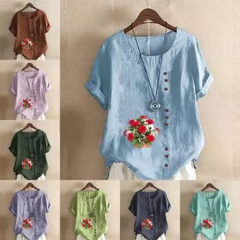 Женская мода Футболка с круглым вырезом и коротким рукавом с принтом «Букет цветов» Повседневная хлопково-льняная рубашка с рисунком Свободная летняя блузка для отдыха Топы S розовый