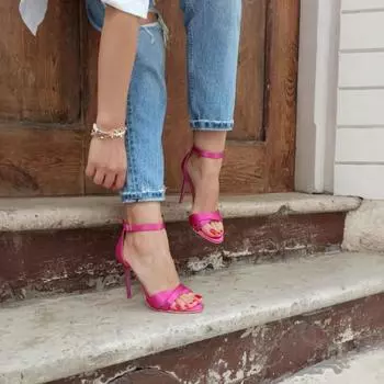 Женская мода фуксия атласная кросс-полоса 11 см туфли на тонком каблуке на каблуке