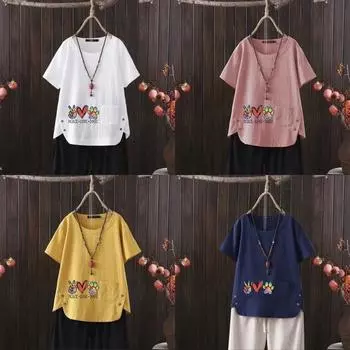 Женская мода Gesture Printed Летняя повседневная свободная футболка с коротким рукавом Летняя блузка Топы S белый