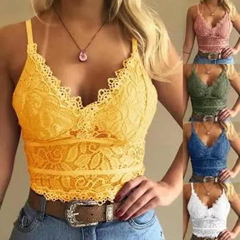 Женская мода Глубокий V-образный вырез Цветочный кружевной бюстгальтер Сексуальное нижнее белье на бретельках Лето Тонкий укороченный топ с эффектом пуш-ап Выдалбливают бюстгальтер без рукавов Жилет S-2XL S жёлтый