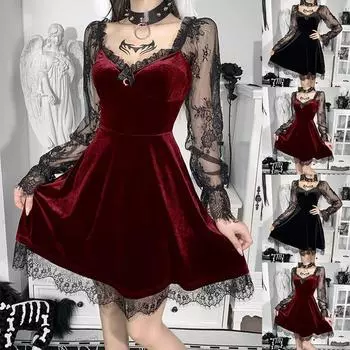 Женская мода готическая панк лоскутная юбка кружевное платье L чёрный