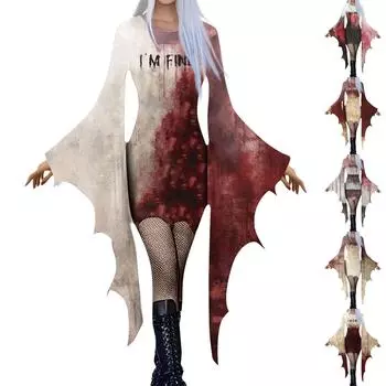 Женская мода готический панк летучая мышь рукав 3D милый принт Хэллоуин нестандартное вечернее платье S серый