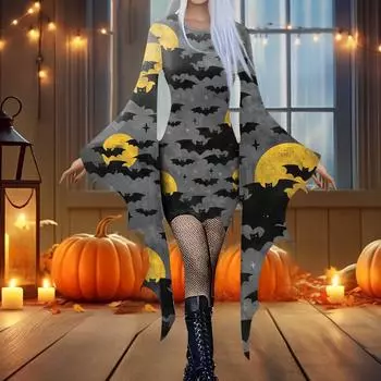 Женская мода готический панк летучая мышь рукав 3D милый принт Хэллоуин нестандартное вечернее платье L