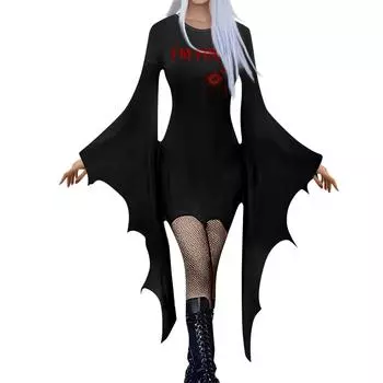 Женская мода готический панк летучая мышь рукава Хэллоуин принт нестандартное вечернее платье L чёрный