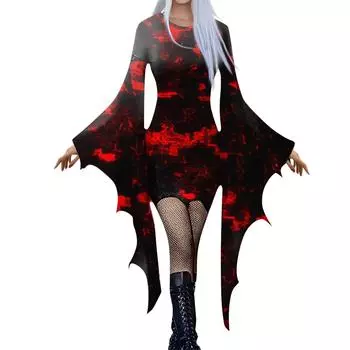 Женская мода готический панк летучая мышь рукава Хэллоуин принт нестандартное вечернее платье XXXL винный