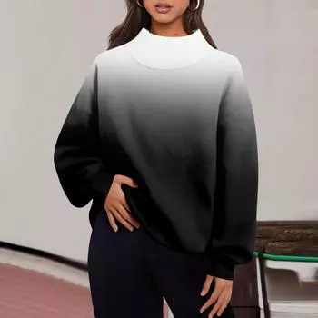 Женская мода градиент цвета с длинным рукавом свободный разрез половина водолазка толстовка топ L чёрный