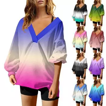 Женская мода градиентный цвет V-образный вырез длинный рукав свободный пуловер свитшот топ M чёрный