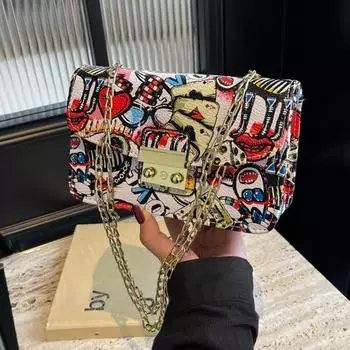 Женская мода Граффити Маленькая сумка 2024 Лето Дамы Клапан Телефон Вечерний Клатч Кошелек Сумки Через Плечо Для Женщин Цепи Сумки На Плечо чёрный