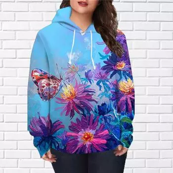 Женская мода Граффити Подсолнух Бабочка Принт Свободные Толстовки Топы Блузка Свитшот Повседневный Длинный Рукав Пуловер Топы XS синий