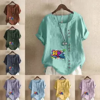 Женская мода Граффити Принт с коротким рукавом Футболка Свободная хлопковая рубашка Повседневная свободная летняя блузка Топы S розовый