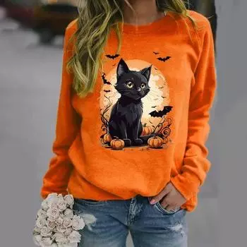 Женская мода Хэллоуин кошка летучая мышь тыква принт круглый ворот свитер осень длинный рукав женская толстовка милый кот топ S