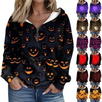 Женская мода Хэллоуин Печать Длинный рукав Свободный полумолния Толстовка с капюшоном с карманами XXXL красный