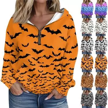 Женская мода Хэллоуин Печать Длинный рукав Свободный полумолния Толстовка с капюшоном с карманами M белый