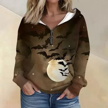Женская мода Хэллоуин Печать Длинный рукав Свободный полумолния Толстовка с капюшоном с карманами L кофейный