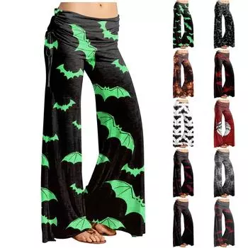 Женская мода Хэллоуин печати повседневные расклешенные брюки на шнуровке широкие брюки L чёрный