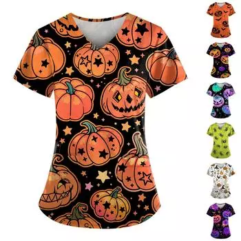 Женская мода Хэллоуин Печатные топы с короткими рукавами и v-образным вырезом Рабочая блузка с карманами L зелёный