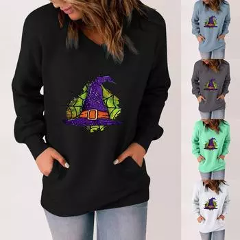 Женская мода Хэллоуин принт V-образным вырезом с боковым карманом пуловер верхняя толстовка XL чёрный