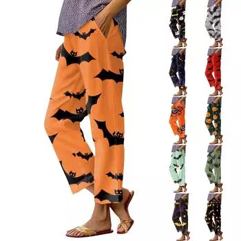 Женская мода Хэллоуин принтованный карман эластичный пояс повседневные брюки повседневные свободные брюки M