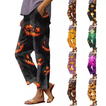 Женская мода Хэллоуин принтованный карман эластичный пояс повседневные брюки повседневные свободные брюки L