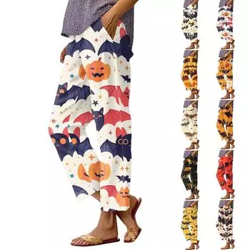 Женская мода Хэллоуин принтованный карман эластичный пояс повседневные брюки повседневные свободные брюки M
