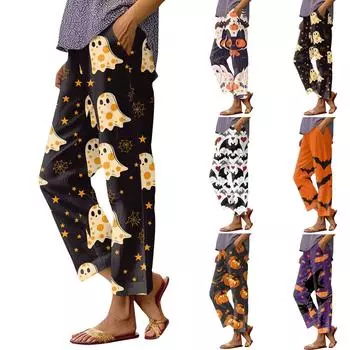 Женская мода Хэллоуин принтованный карман эластичный пояс повседневные брюки повседневные свободные брюки XXXXXL