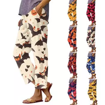 Женская мода Хэллоуин принтованный карман эластичный пояс повседневные брюки повседневные свободные брюки XL бежевый