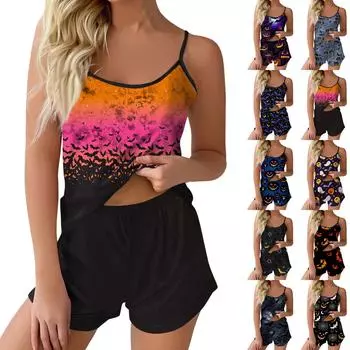 Женская мода Хэллоуин принтованный комплект без рукавов топ шорты с пижамой L чёрный