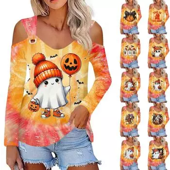 Женская мода Хэллоуин Призрак Принт V-образный вырез Длинный рукав Застежка на пуговицы Открытые плечи Повседневная футболка Топ L жёлтый