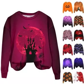 Женская мода Хэллоуин с длинным рукавом с принтом Свободная толстовка с круглым вырезом Топ XXXL чёрный