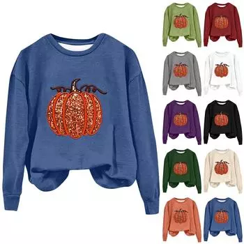 Женская мода Хэллоуин с длинным рукавом с принтом Свободная толстовка с круглым вырезом Топ S синий
