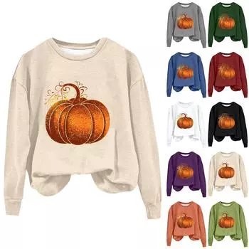 Женская мода Хэллоуин с длинным рукавом с принтом Свободная толстовка с круглым вырезом Топ L чёрный
