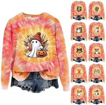 Женская мода Хэллоуин с длинным рукавом с принтом Свободная толстовка с круглым вырезом Топ XXL