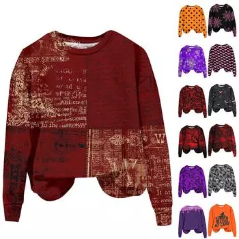 Женская мода Хэллоуин с длинным рукавом с принтом Свободная толстовка с круглым вырезом Топ XXXL чёрный