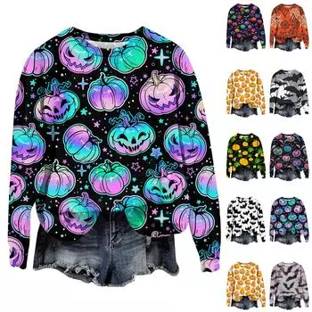 Женская мода Хэллоуин с длинным рукавом с принтом Свободная толстовка с круглым вырезом Топ M