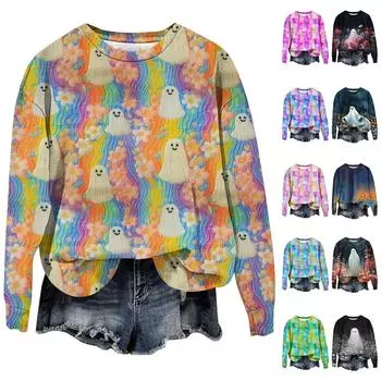 Женская мода Хэллоуин с длинным рукавом с принтом Свободная толстовка с круглым вырезом Топ XXXL чёрный