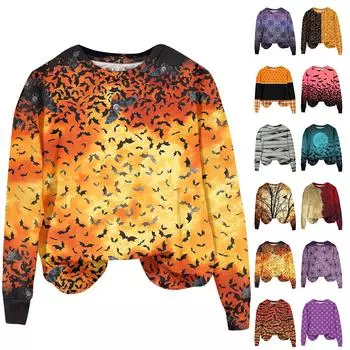 Женская мода Хэллоуин с длинным рукавом с принтом Свободная толстовка с круглым вырезом Топ L